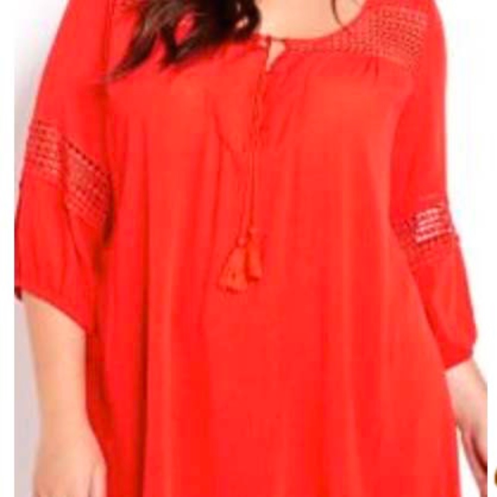 CROCHET DETAIL TOP, TASSLES, ¾ SLEEVES, SCARLET, SIZE 24, RAYON, ADDITION ELLE,